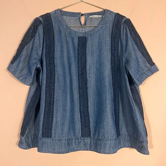 Soft Surroundings Blue Chambray Denim Embroidered Top - Picture 1 of 8